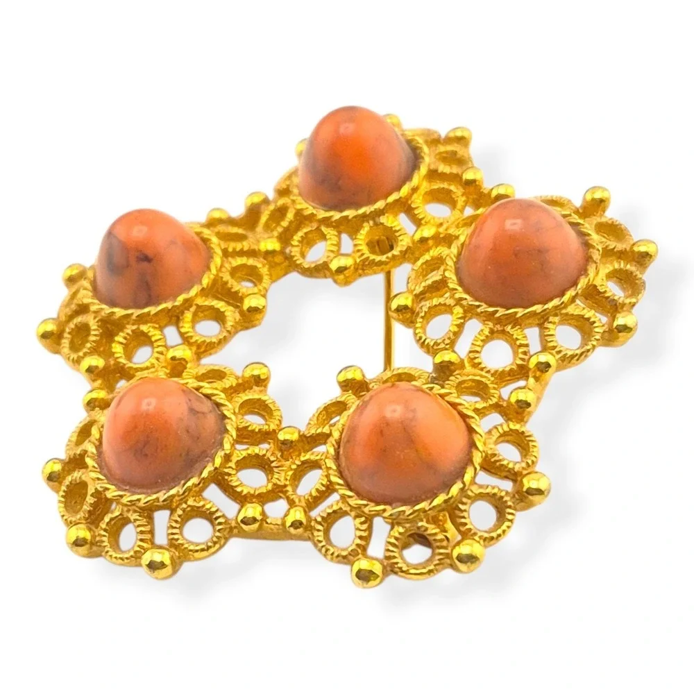 Vintage Sarah Coventry Valencia Brooch & Earrings Set 1970s Faux Coral Gold Tone